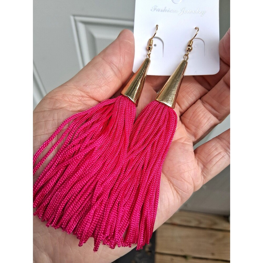 160 Earrings Boho Fuchsia Pink Long String Tassel Fringe Dangle Fish Hook
